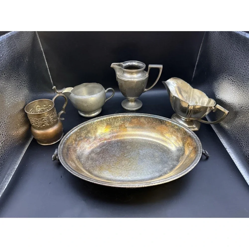 Vintage Mixed Metal Lot‎ – Silverplate, Pewter, Brass – Creamers, Bowl, Cup